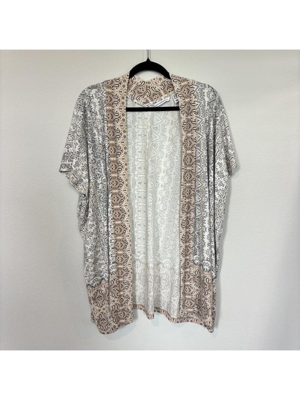 Isaac Mizrahi Live Paisley Kimono Cardigan Open Front Short Sleeve Beige XXS